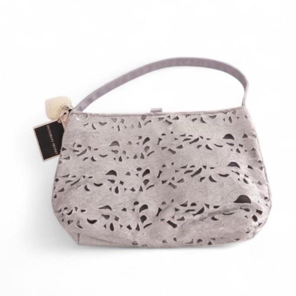 NWT Victoria’s Secret Grey Laser-Cut Velvet Handbag w/ Pearl Heart Charm